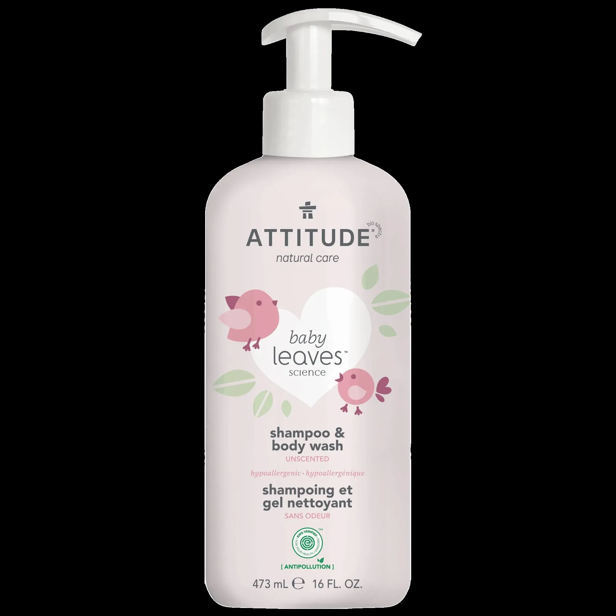 ATTITUDE 2-in-1 Shampoo and Body Wash for Baby, Fragrance-Free EWG Hypoallergenic Plant- and Mineral-Based Ingredients, Vegan and Cruelty-Free, Unscented, 16 Fl Oz 