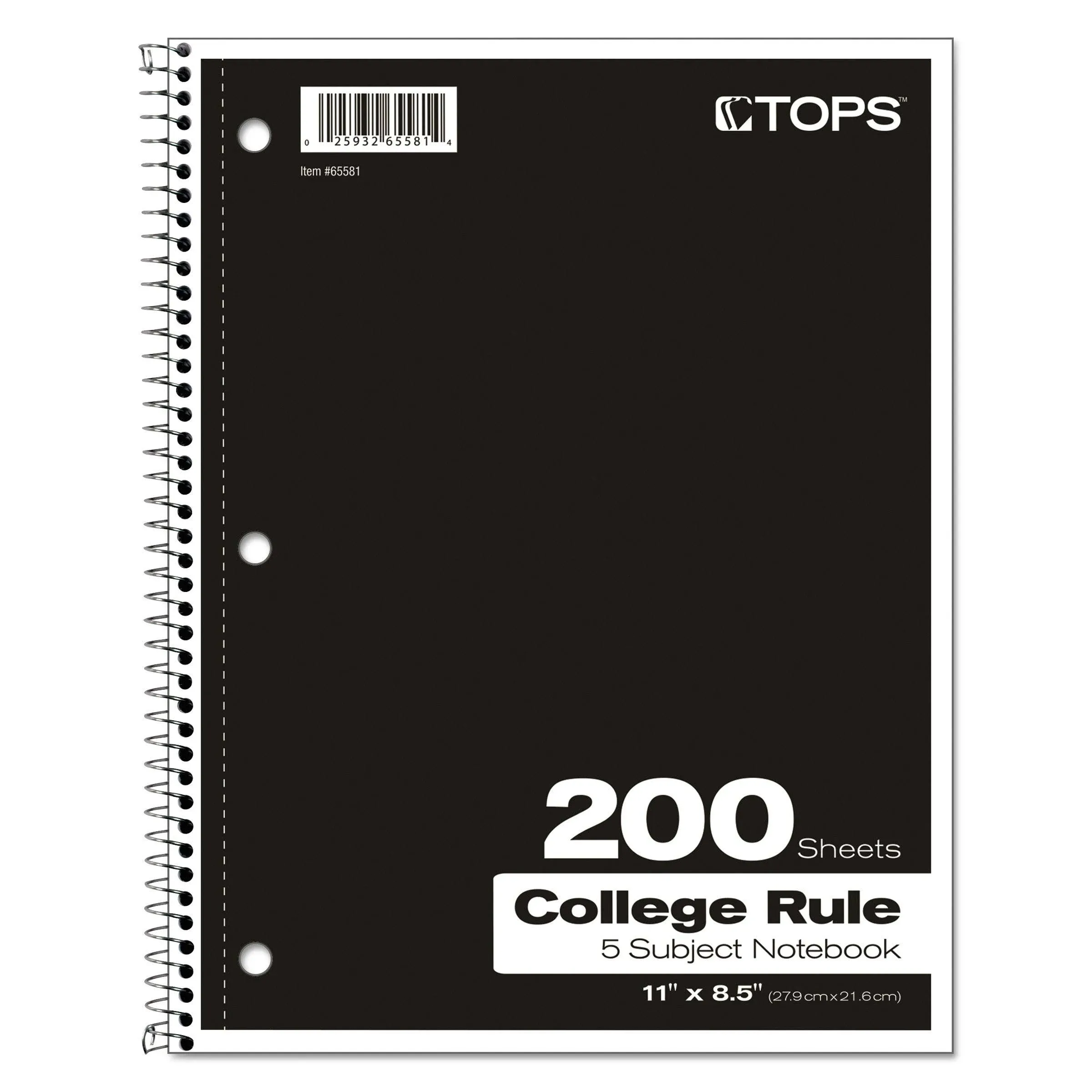 Tops 5-subject Notebook - 200 Sheet - College Ruled - Letter 8.50" X 11" - 1 Each - Bright White Paper (65581)