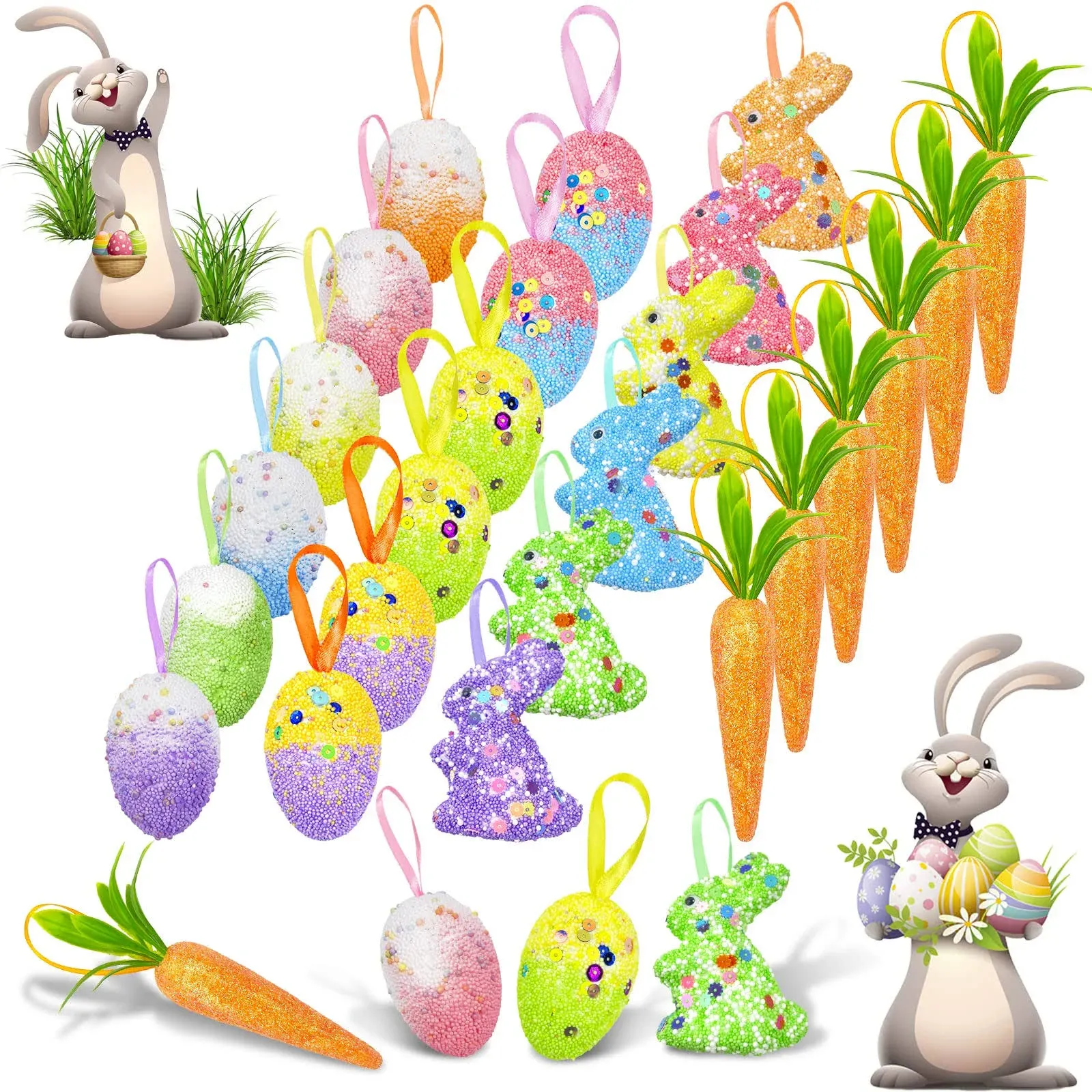 24 Pack Easter Egg Ornament Easter Colorful Rabbit Carrot Eggs Foam Easter Tree Decoration for Easter Spring Party