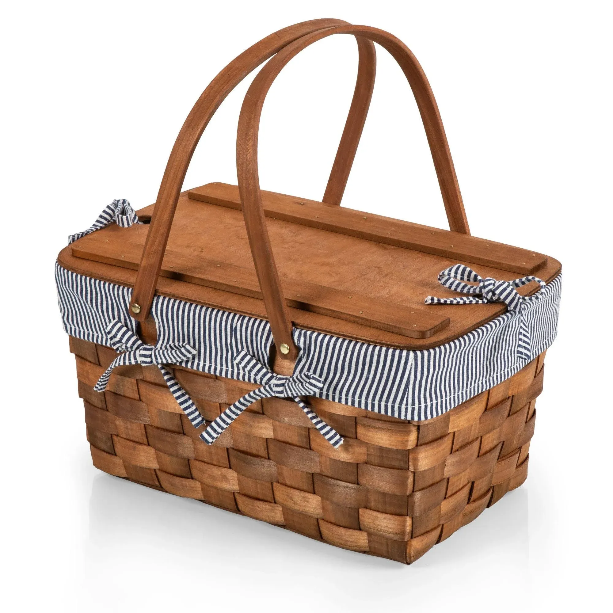 Picnic Time Kansas Red & White Gingham Pattern Handwoven Wood Picnic Basket