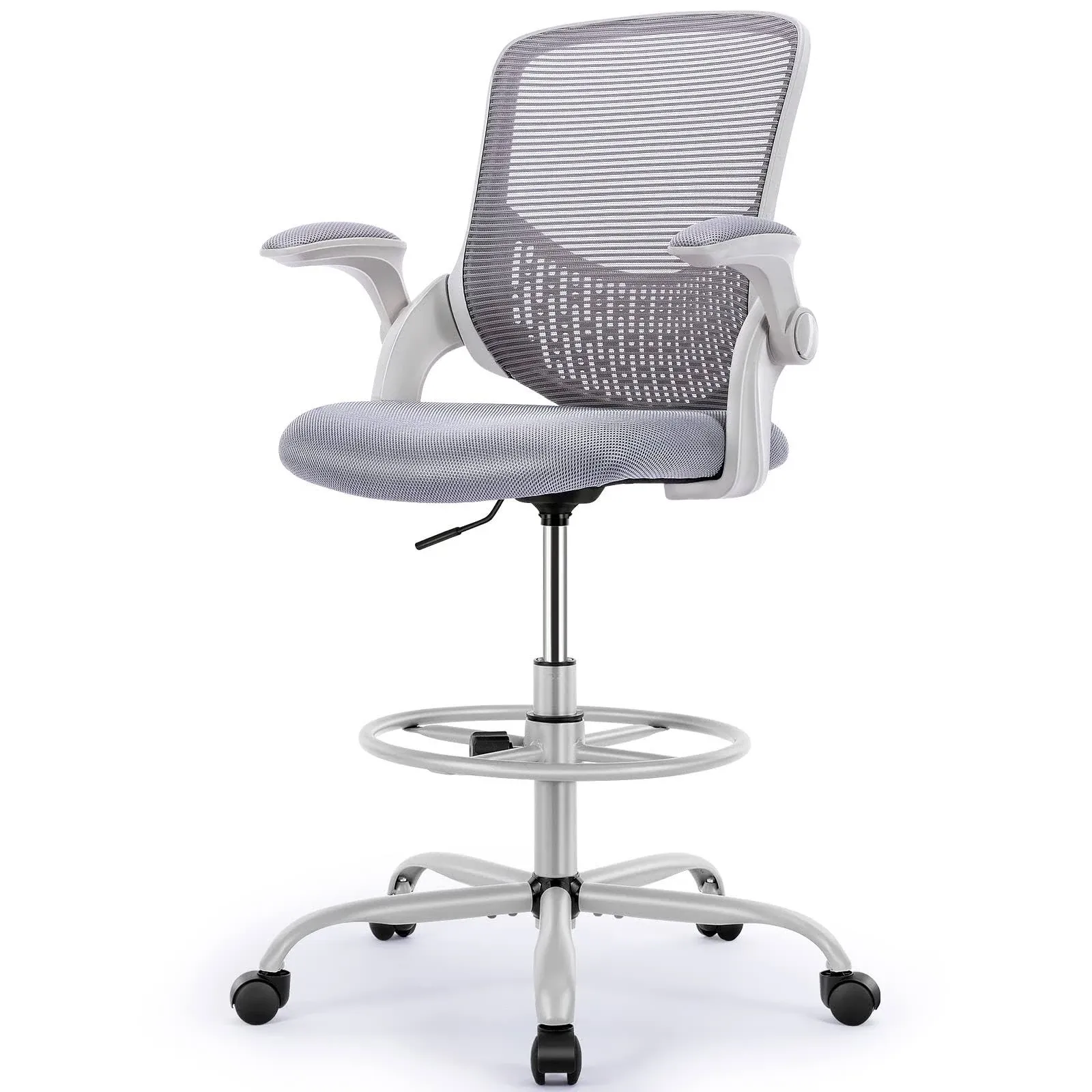 SMUG Drafting Chair Tall Office Chair for Standing Desk Adjustable Height Office Desk Chair with Adjustable Flip Up Armrests and Foot-Ring for Task, Working, Drafting, Studying, Grey