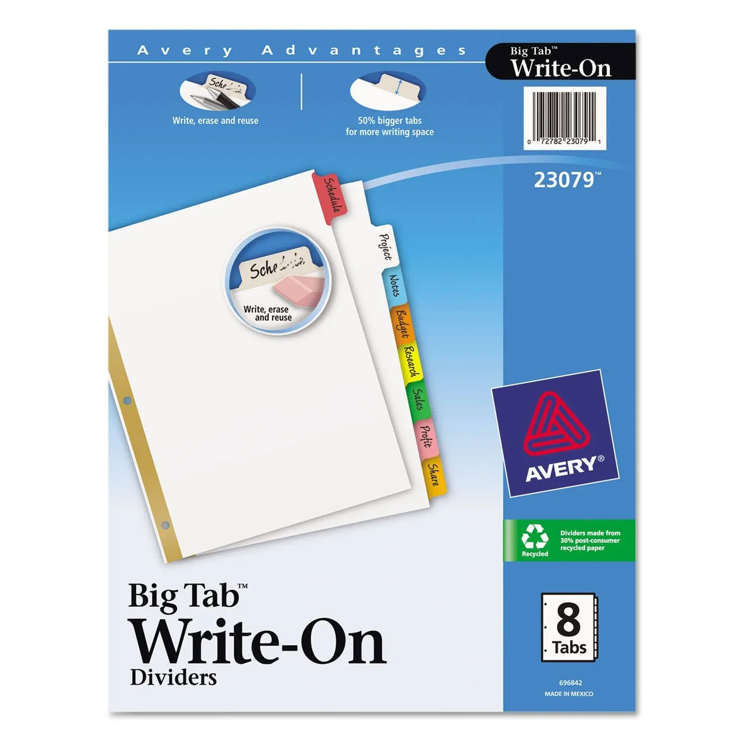 Avery 8-Tab Binder Dividers, Write & Erase Multicolor Big Tabs, 6 Sets (23079)