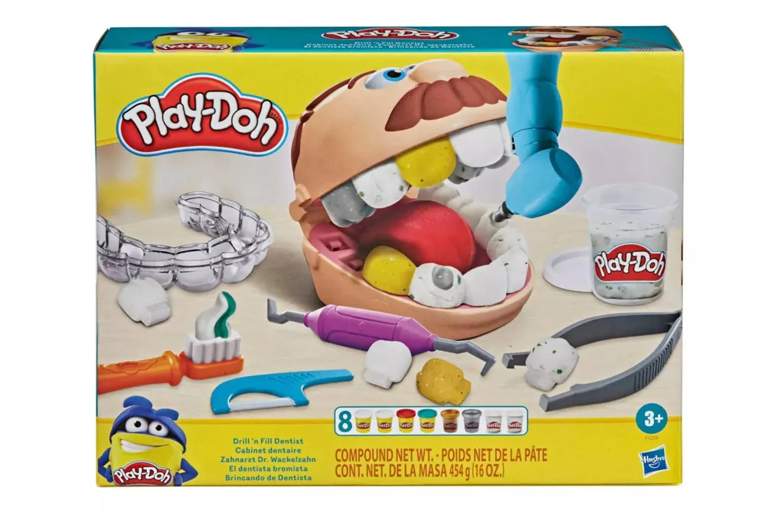 Play-Doh Drill 'n Fill Dentist Toy for Kids 3 Years and Up with Cavity and Metallic Colored Modeling Compound, 10 Tools, 8 Total Cans, 2 Ounces Each, Non-Toxic, Assorted Colors