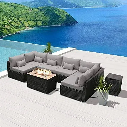 Sunpeak Fire Table Set Sectional Outdoor Furniture Propane Firepit Dark Brown Rattan Multi Colors Ou