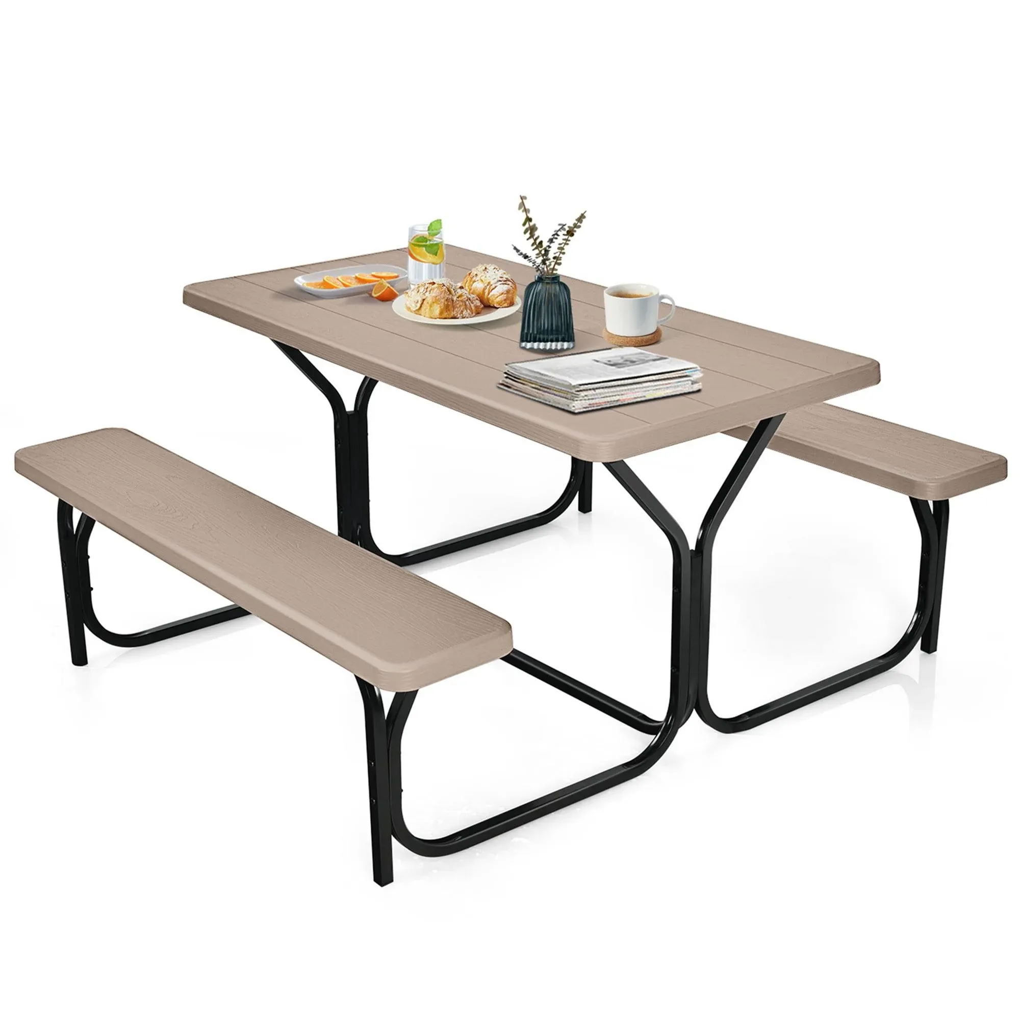 Costway Picnic Table Bench Set Outdoor Backyard Garden Party Dining All Weather Brown