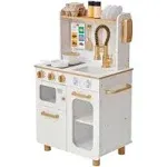 Teamson Kids Little Chef Memphis Wooden Play Kitchen with Interactive, Realistic Features, and 16 Kitchen Accessories for 3yrs and up, Light Oak/Faux White Marble/Gold