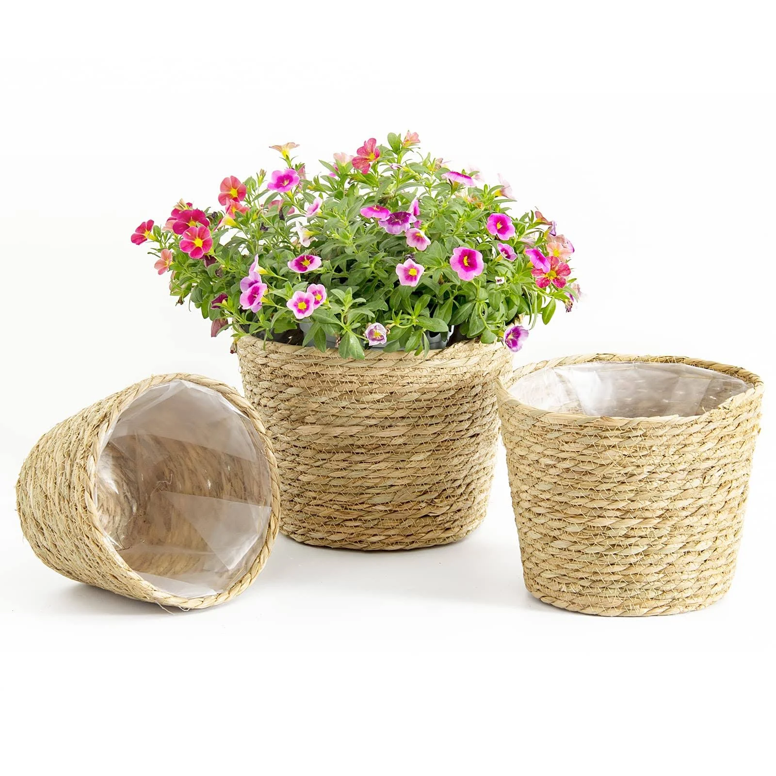 Plant Pots for Indoor Plants, Seagrass Planters Basket Flower, Brown Set of 3