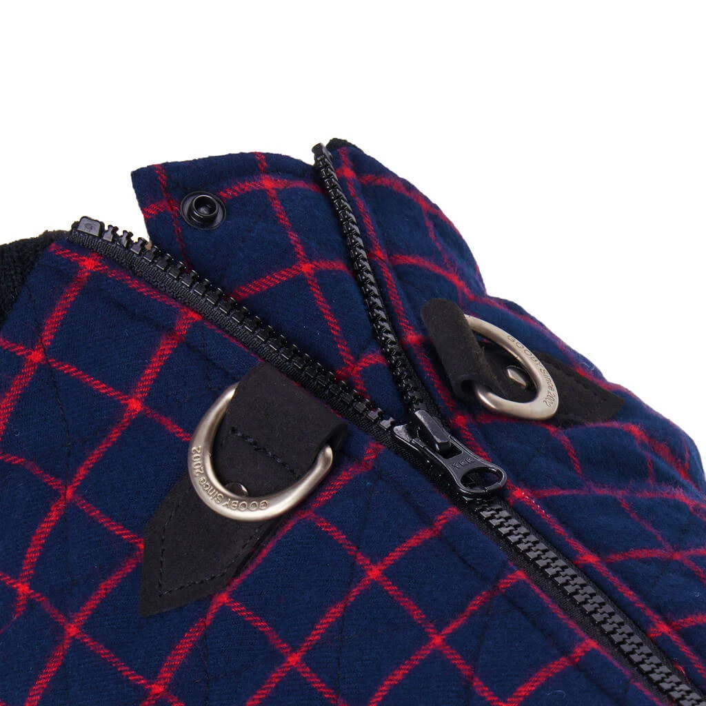 Gooby Fashion Vest Check Dog Jacket - Navy Check, Medium - Warm Zip Up Dog Bomber Vest with Dual D Ring Leash - Winter Water Resistant Small Dog Sweater - Dog Clothes for Small Dogs Boy or Medium Dogs