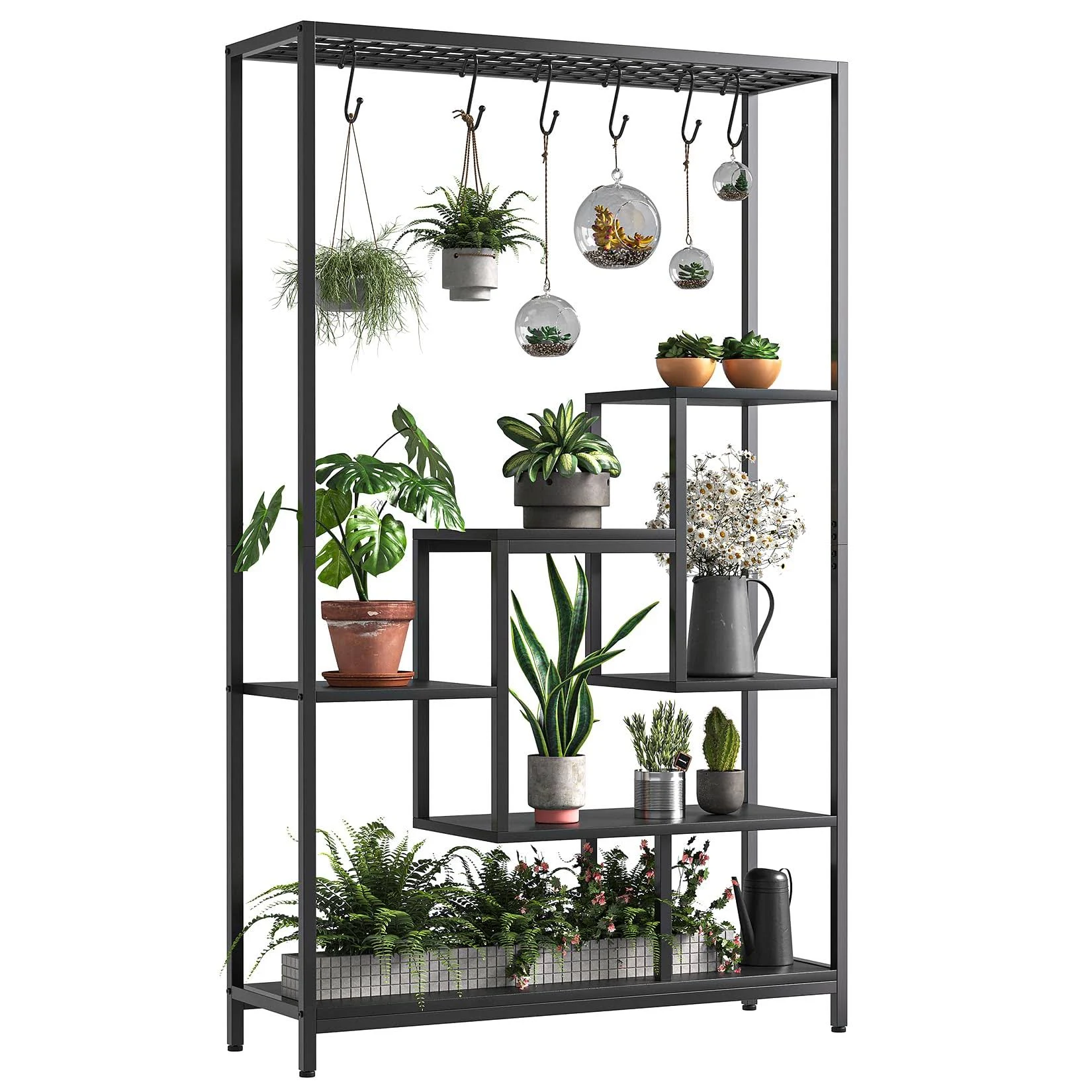 Indoor Plant Stand 5-Tier Tall 70.9", Large Metal Plant Shelf with Hanging Ho...