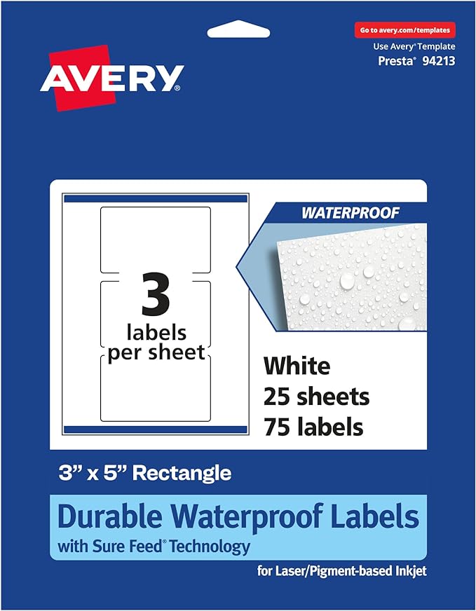 Avery Durable Waterproof Rectangle Labels with Sure Feed, 3" x 5", 75 Oil and ...