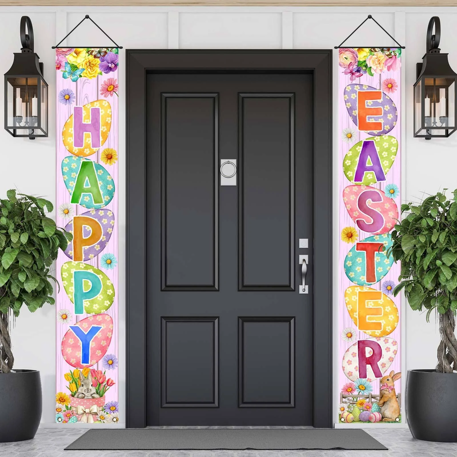 Easter Porch Banner Bunny Egg Rabbit Daisy Party Front Door Sign Wall Hanging Spring Decorations and Supplies for Home Office Farmhouse Holiday Decor