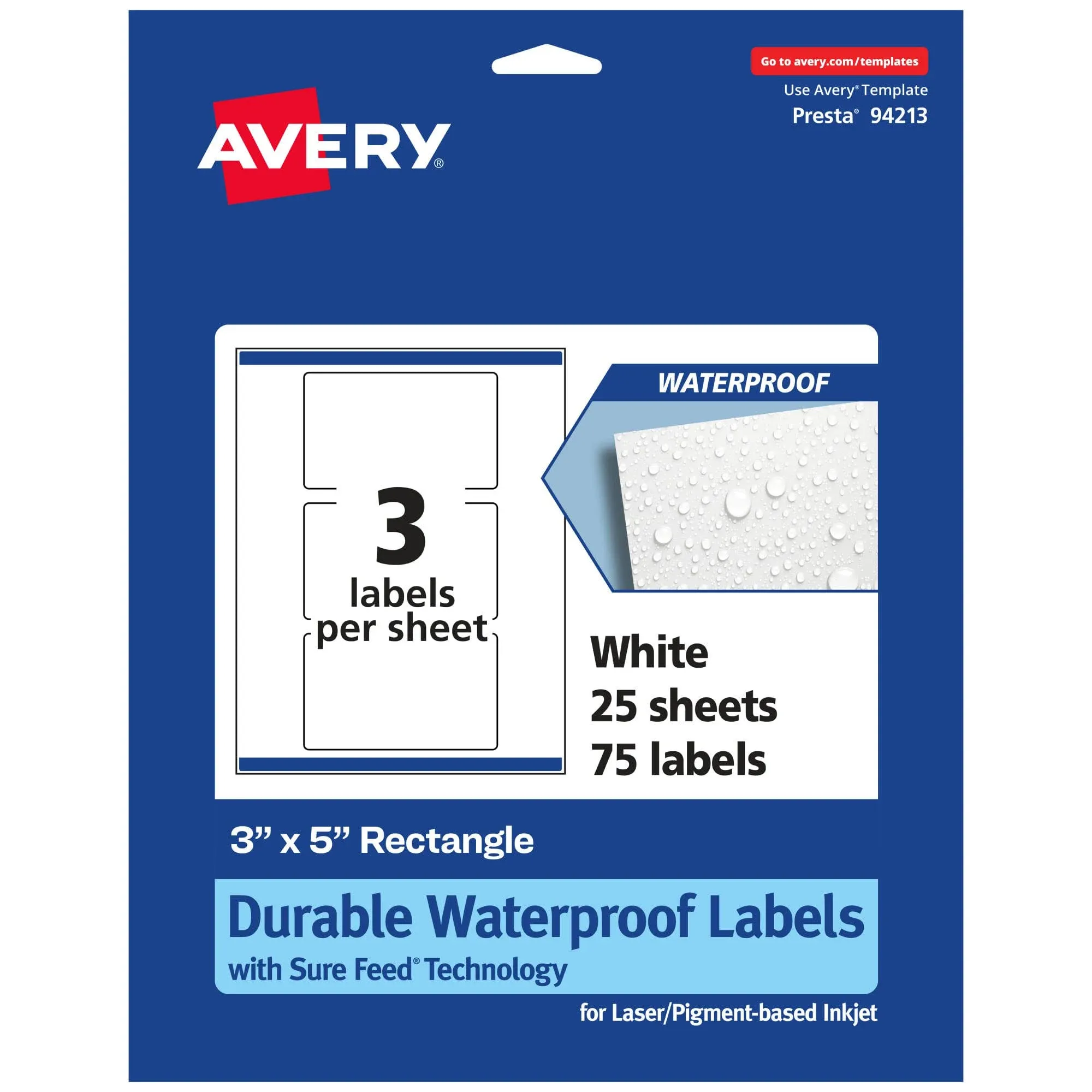 Avery Durable Waterproof Rectangle Labels with Sure Feed, 3" x 5", 75 Oil and ...