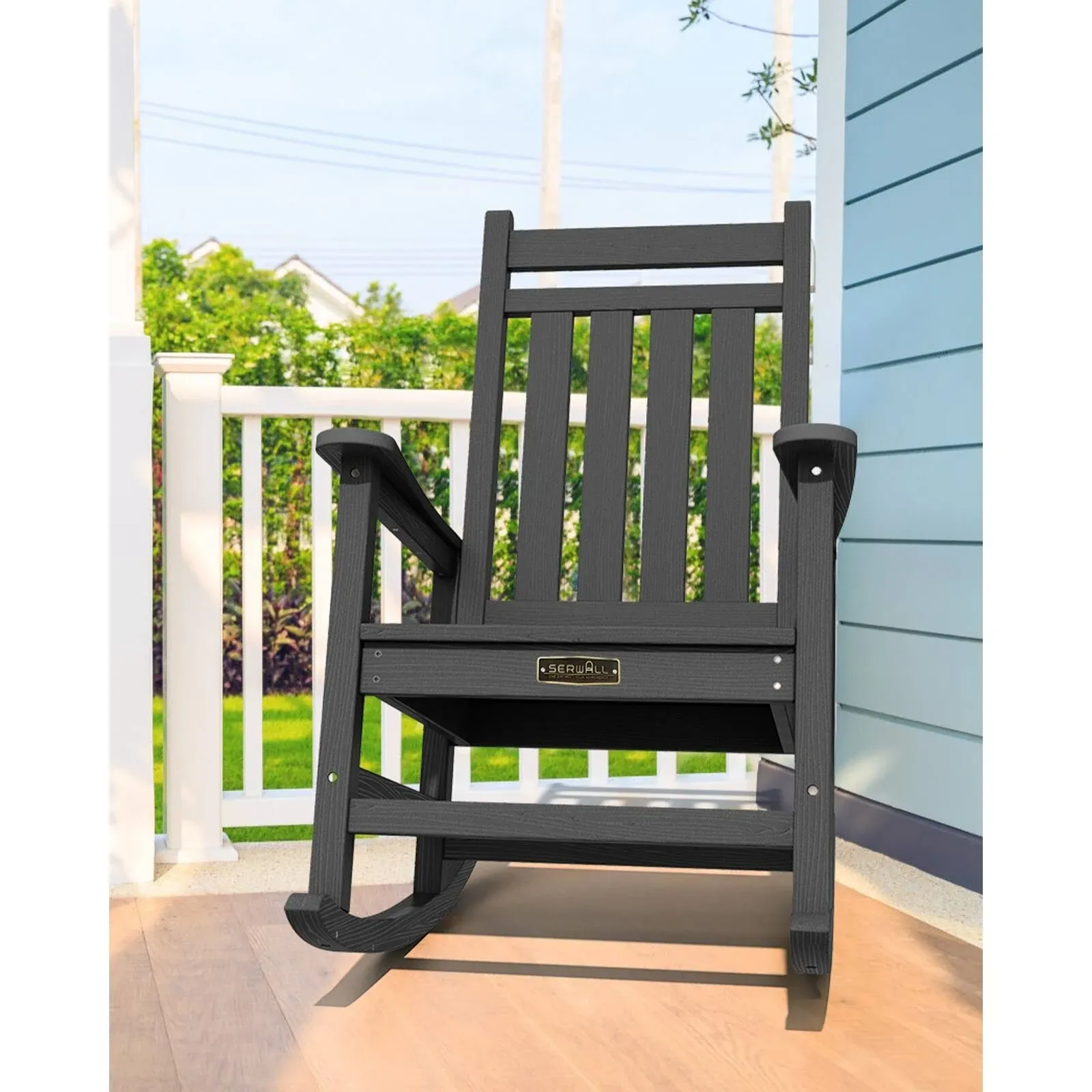 SERWALL Outdoor Oversized Slat Rocking Chair, Black, HDPE