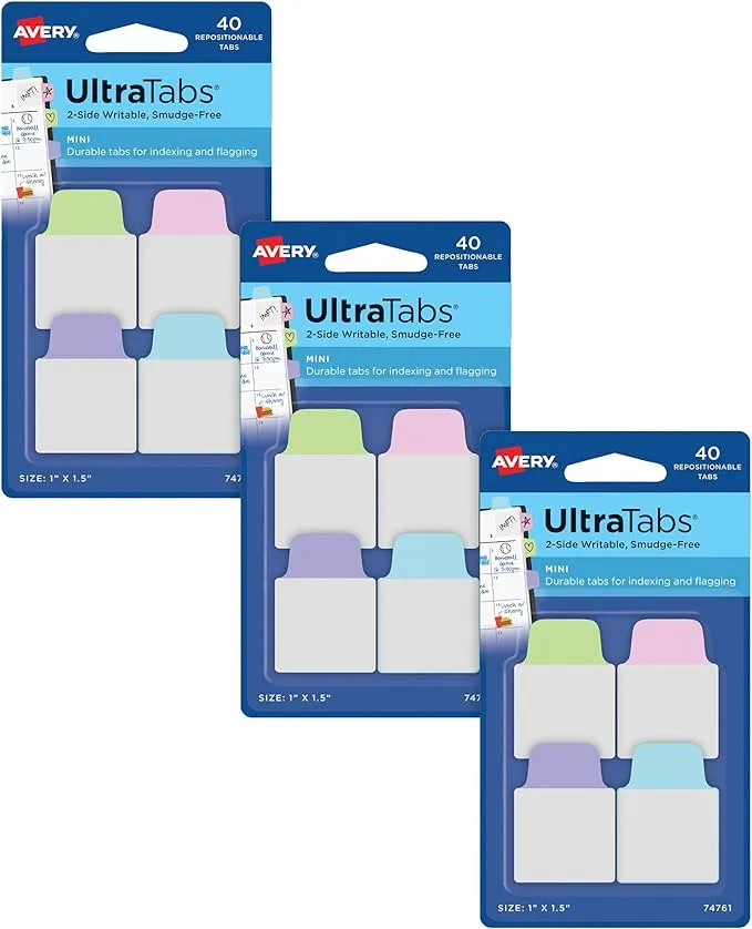 Avery Mini Ultra Tabs, 1&#034; x 1.5&#034;, 2-Neon Colors, 3 Packs, 120 Tabs Total (74759)