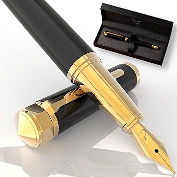 Luxury Fountain Pen Set- Fountain Pens for Writing - Smooth Medium Nib - Includes Refillable Ink Converter, 3 Ink Cartridges [Black & Blue], Gift Box - Elegant Calligraphy