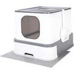 RIZZARI Millions Sold Wordwide Cat Litter Box, Top Entry, Anti-Splshing Kitty Litter Pan with Lid, Easy Cleaning and Scoop (Upgrade,White)