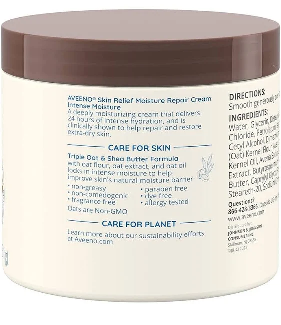 Aveeno Skin Relief Intense Moisture Repair Body Cream with Triple Oat & Shea Butter Formula, Helps Relieve & Restore Extra-Dry Skin with Long-Lasting Moisture, Fragrance-Free, 11 oz