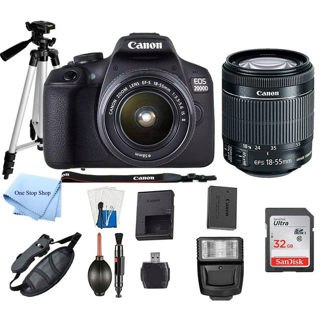 Canon Cameras EOS 2000D / Rebel T7 Digital SLR Camera Body w/Canon EF-S 18-55mm f/3.5-5.6 Lens 3 DSLR Kit Bundled with Complete Accessory Bundle+ 64GB+ Flash+ More - International Model (Renewed)