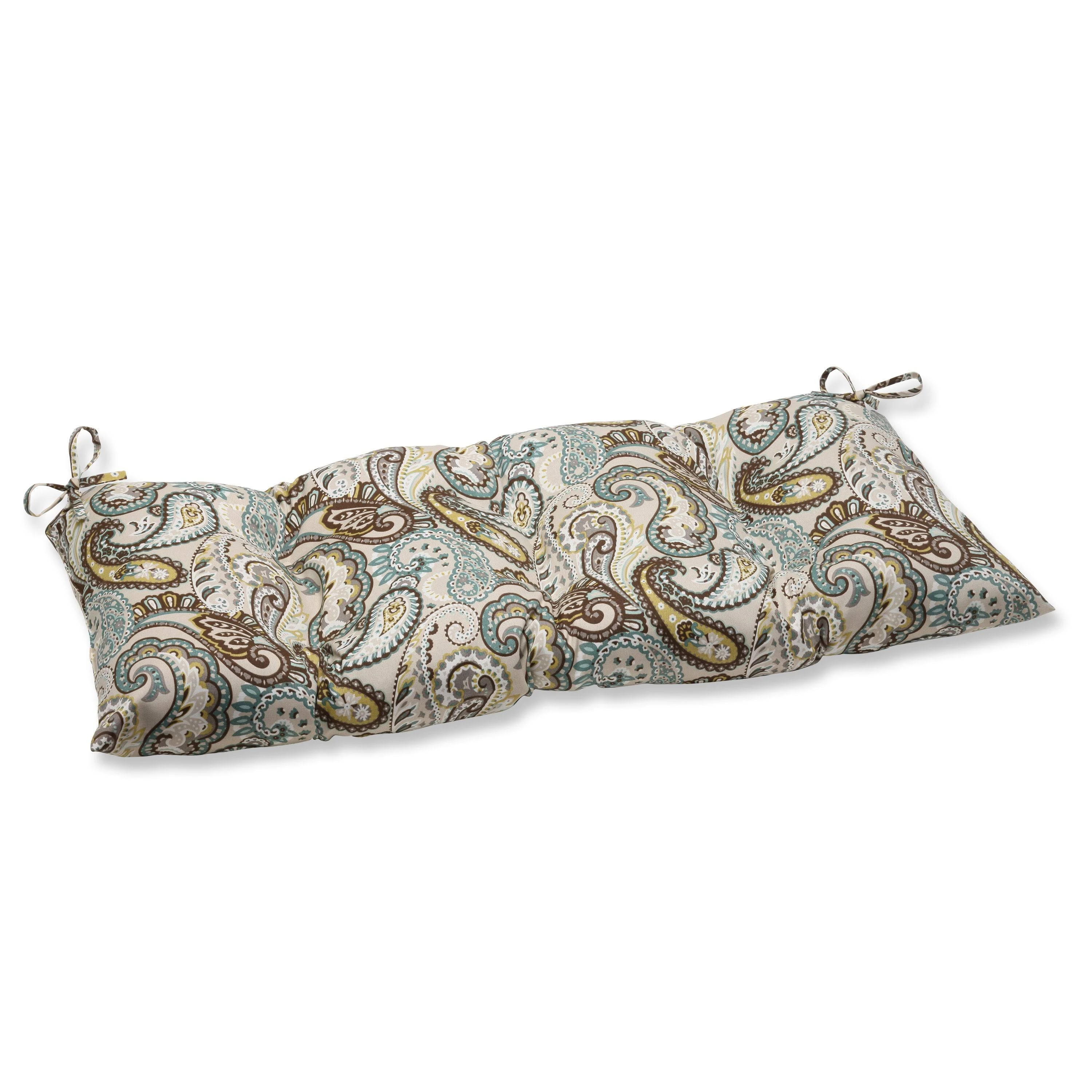 Pillow Perfect Paisley Indoor/Outdoor Sofa Setee Swing Cushion with Ties, Weather, and Fade Resistant, 18.5" x 44", Blue/Brown Tamara Quartz,