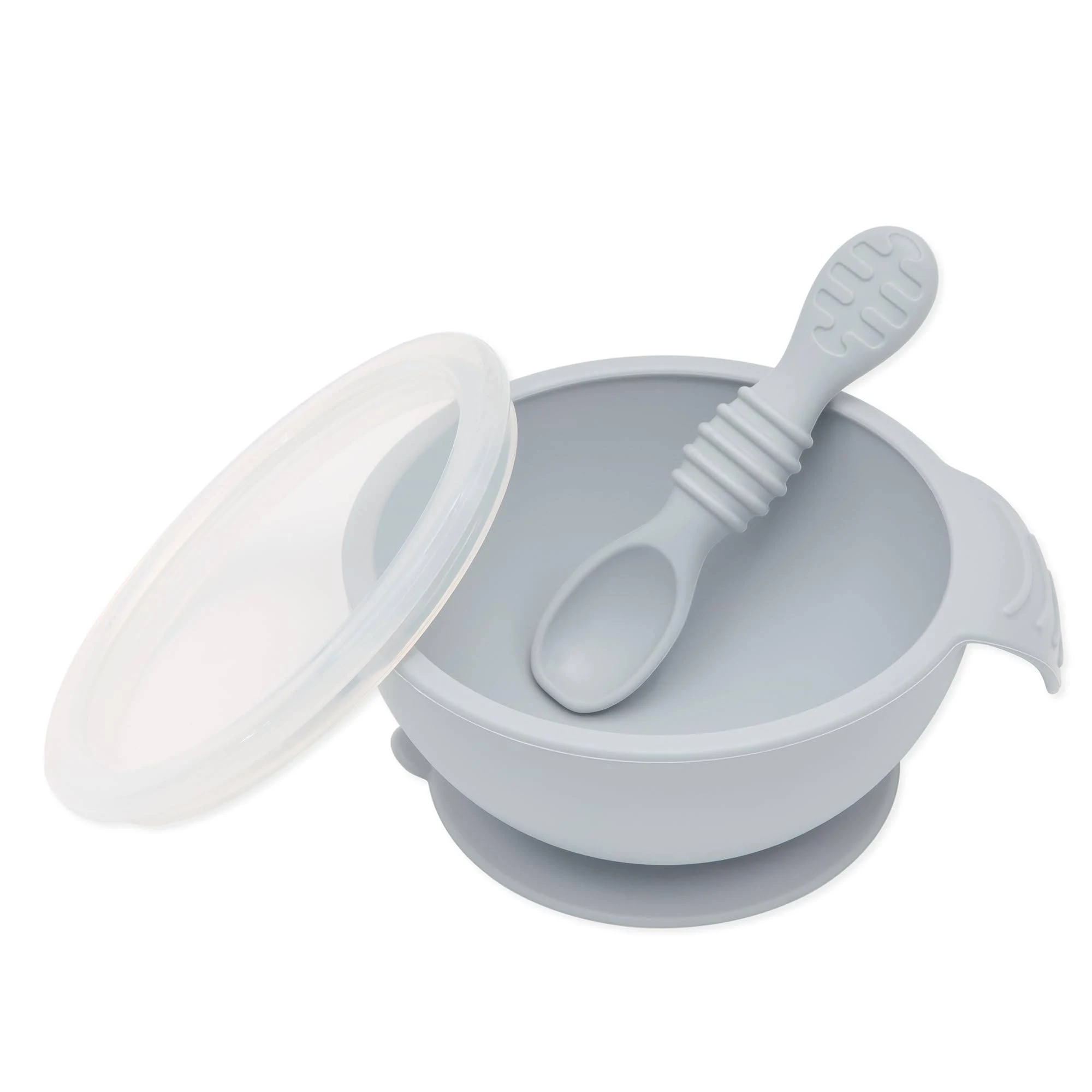 BUMKINS Silicone First Feeding Set with Lid &amp; Spoon in GREY - NEW IN DAMAGED BOX