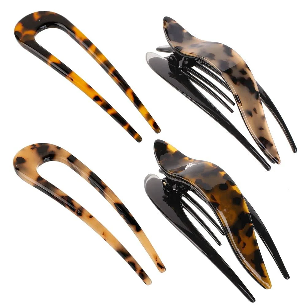 4 PCS French Curved and U-Shaped Hair Accessories for Women - Acetate Tortoise Clips and Pins for Vintage Hairstyles