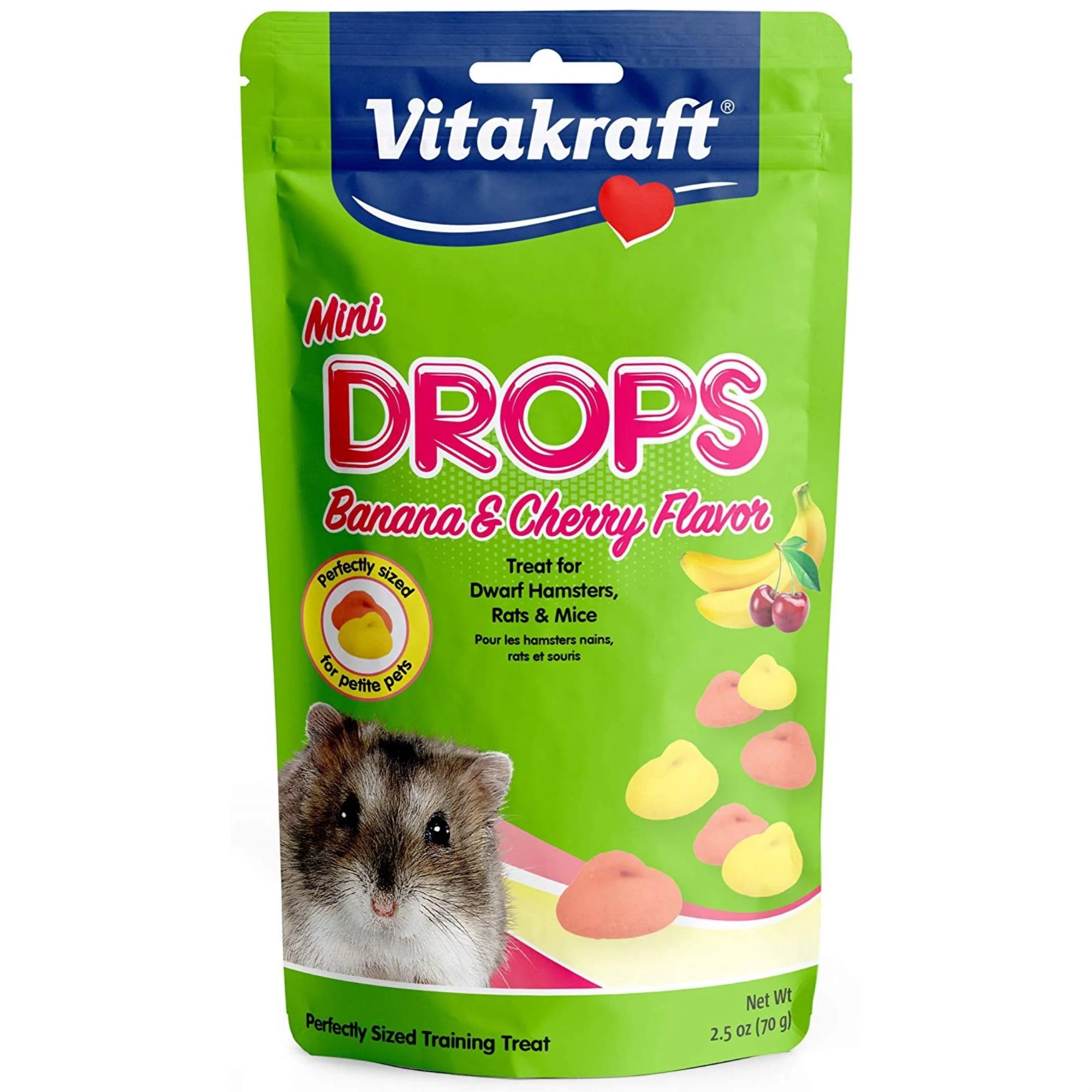 Vitakraft Drops Mini Banana & Cherry Flavor Dwarf Hamster, Rat, and Mouse Treat, 2.5 oz, Multi