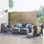 ovios Patio Furniture Set, 5 Pieces Outdoor Wicker Rattan Sofa Couch with Chairs, Ottomans and Comfy Cushions, All Weather High Back Conversation Set Garden Backyard, Denim Blue