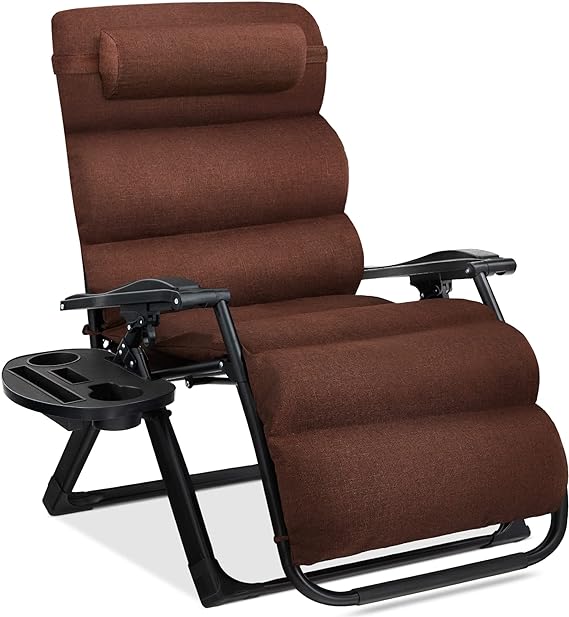 Best Choice Products Oversized Zero Gravity Chair, Folding Recliner w/ Removable Cushion, Side Tray - Woodland Brown