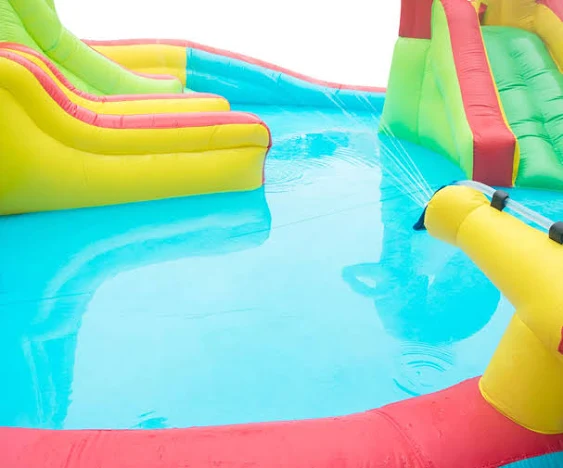 Inflatable Water Park with Blower Dual Water Slide, Climbing Wall, Water Gun, Splash Pool, Lounge, Basketball Hoop and Big Slide