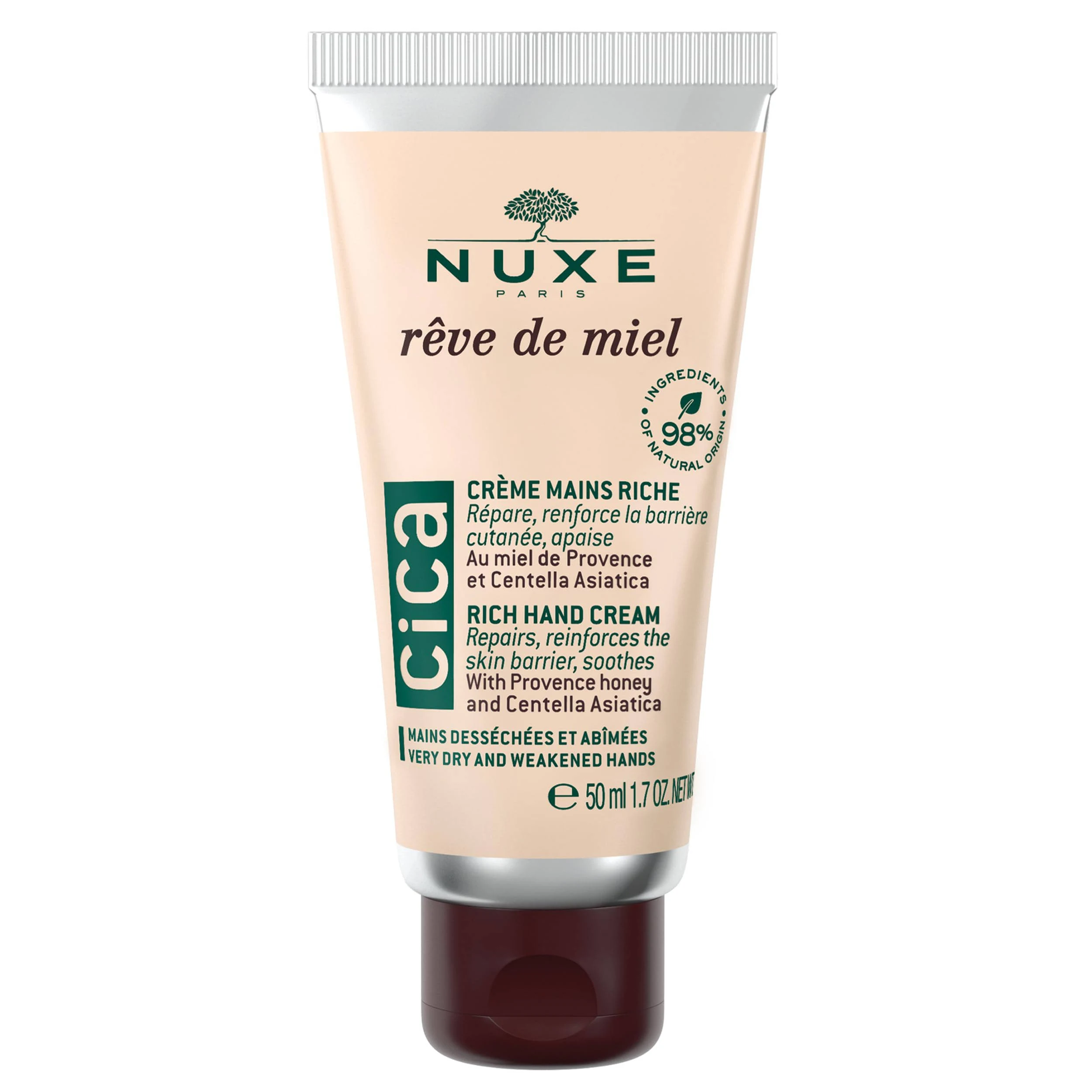 NUXE Rêve de Miel Cica Hand Cream - Instant Relief Moisturizing Lotion for Dry Cracked Hands with Shea Butter, Honey & Centella Asiatica, 1.7 Oz