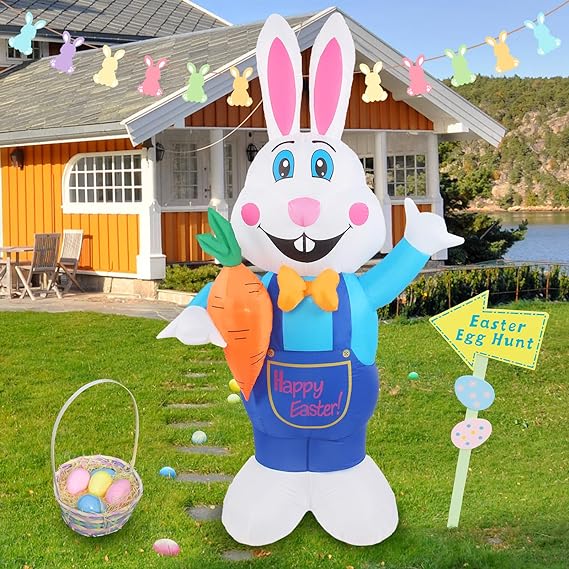 6FT Easter Inflatable Bunny Outdoor Decoration, Easter Inflatables Bunny with Carrot, Happy Easter Blow up Rabbit for Yard Lawn Garden Holiday Easter Party