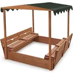 Badger Basket Covered Convertible Cedar Sandbox with Canopy Two Bench Seats, Brown/Green