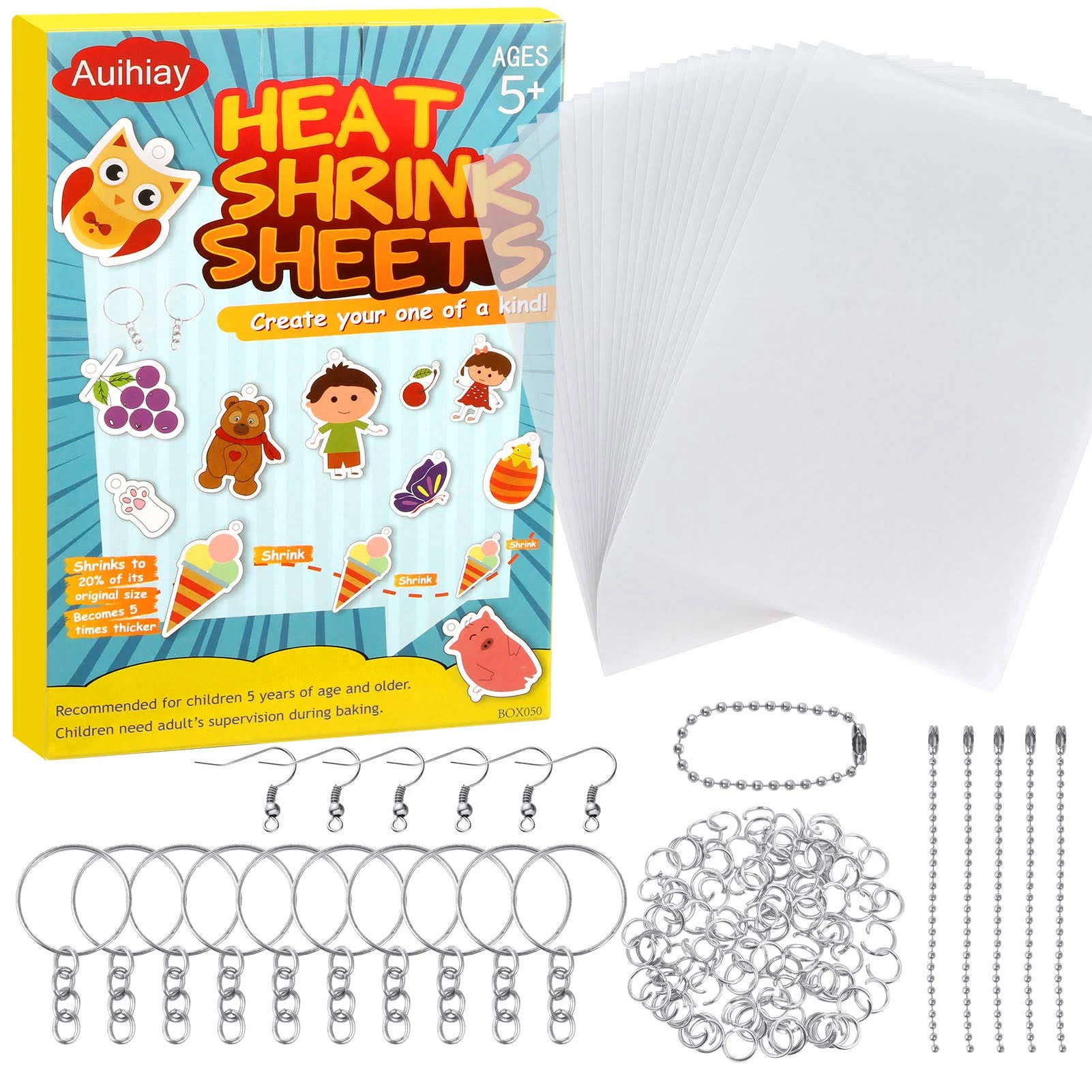 Auihiay 145 Pieces Heat Shrink Plastic Sheet Kit Shrink Papers Include 20 PCS Shrink Film Papers with 125 PCS Keychain Accessories for Kids DIY