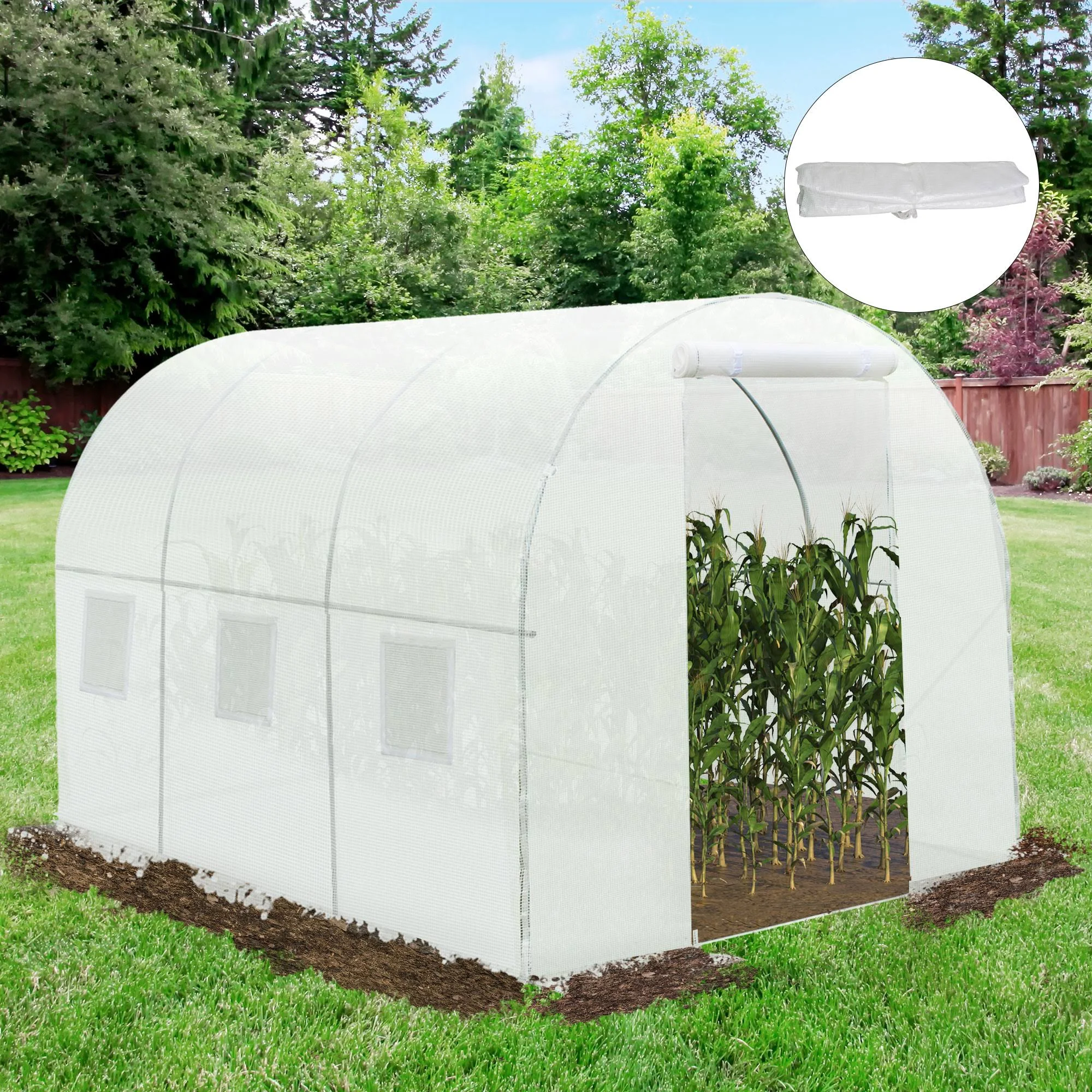 Outsunny 9.8&#39; x 6.6&#39; x 6.6&#39; Plastic Greenhouse Cover Replacement, Heavy Duty Waterproof Tarp for Hoop House, Sheeting with 6 Windows, Door & Reinforcement Grid, White