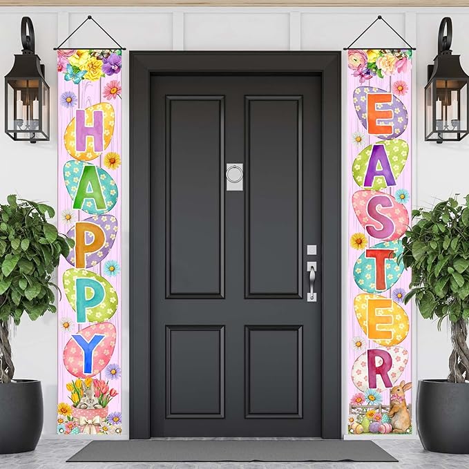 Easter Porch Banner Bunny Egg Rabbit Daisy Party Front Door Sign Wall Hanging Spring Decorations and Supplies for Home Office Farmhouse Holiday Decor