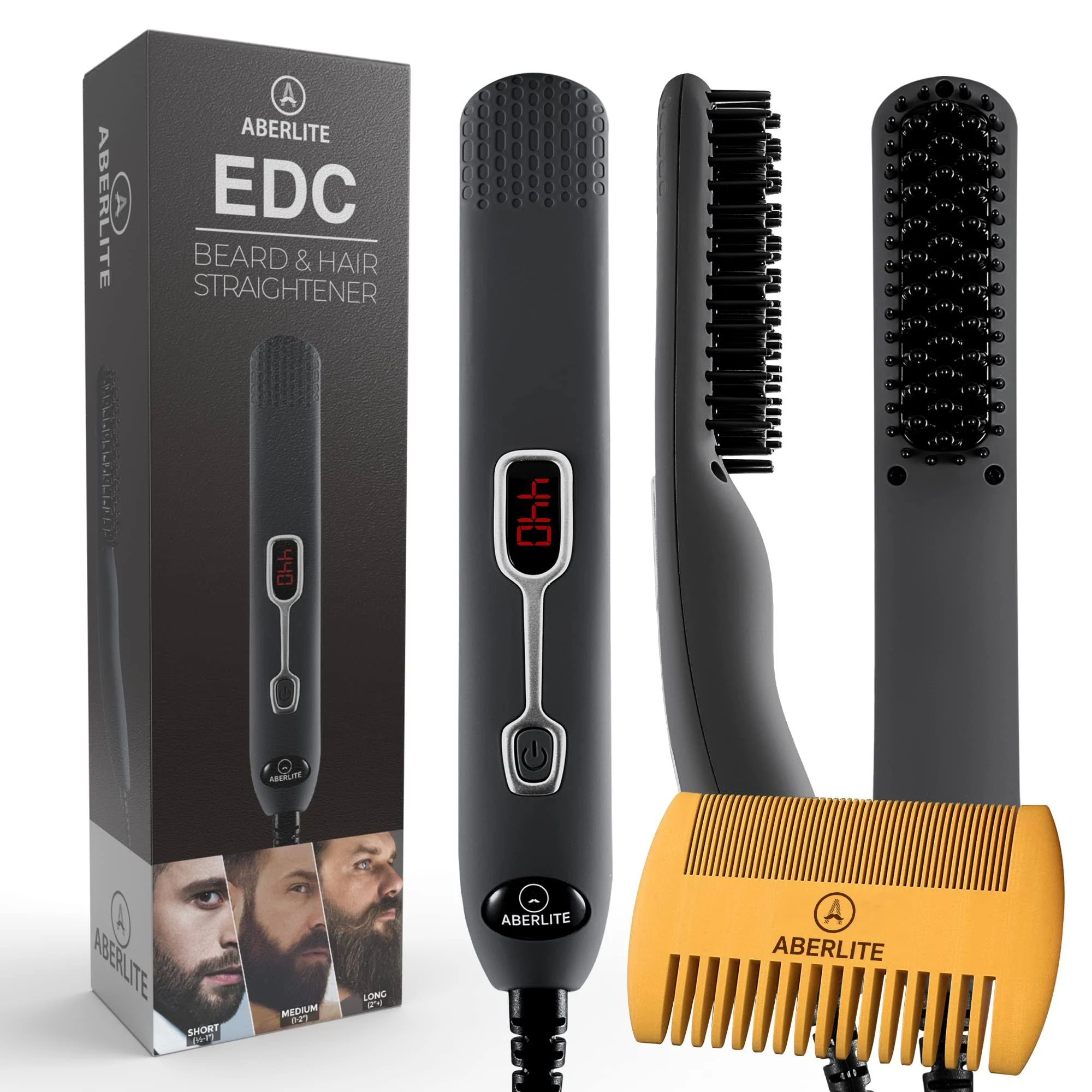 Aberlite EDC - Premium Beard Straightener Brush for Men - Professional Straightening Tool Heated Comb - for Short & Long Beards