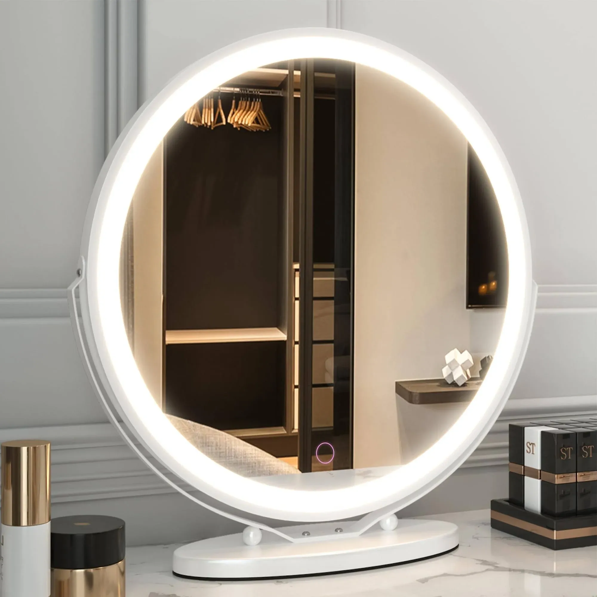 Large Round Vanity Makeup Desk Mirror, 3 Color Lighting Adjustable LED Mirror