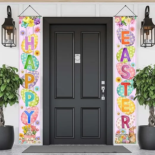 FARMNALL Easter Porch Banner Bunny Egg Rabbit Daisy Party Front Door Sign Wall Hanging Spring Decorations and Supplies for Home Office Farmhouse