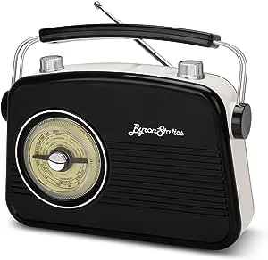 ByronStatics Black Am FM Radio - Small Portable Radios Vintage/Retro with Headphone Jack, Large Analog Rotary Tuning Dial - Power Plug or 4 x 1.5V