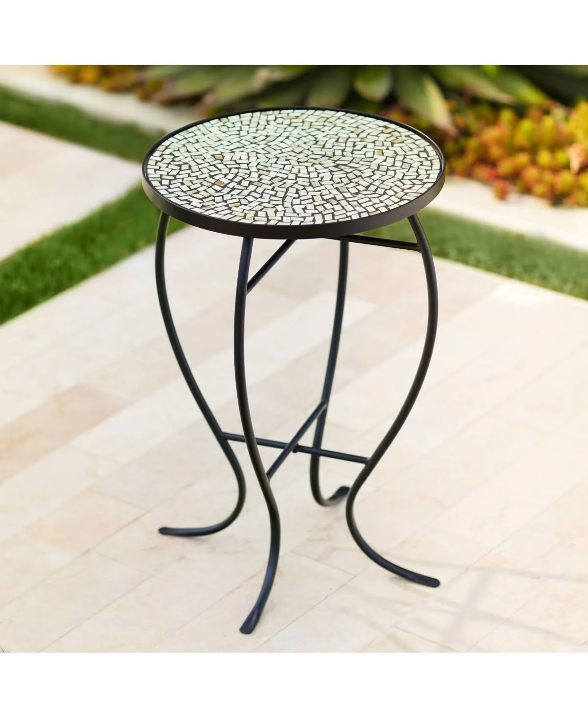 Zaltana Modern Black Metal Round Outdoor Accent Side Table 14" Wide Free-Form Mosaic Tile Tabletop Gracefully Curved Legs for Spaces Porch Patio Home House Balcony Yard Deck