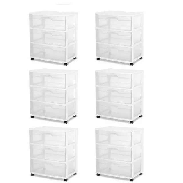 Sterilite 29308001 Wide 3 Drawer Cart, White Frame with Clear Drawers