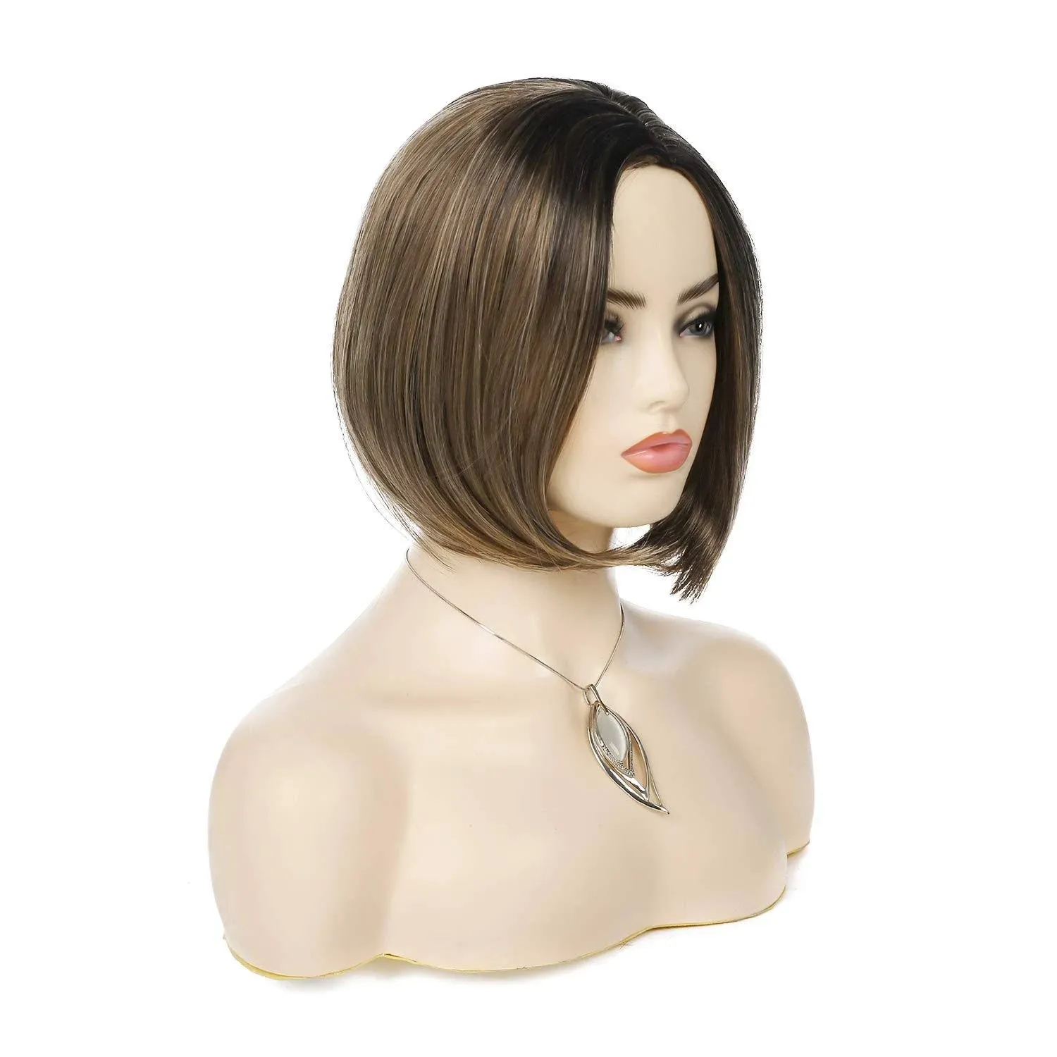 Baruisi Short Brown Bob Wigs for Women Synthetic Heat Resistant Straight Hair Side Part Halloween Cosplay Wig with Wig Cap