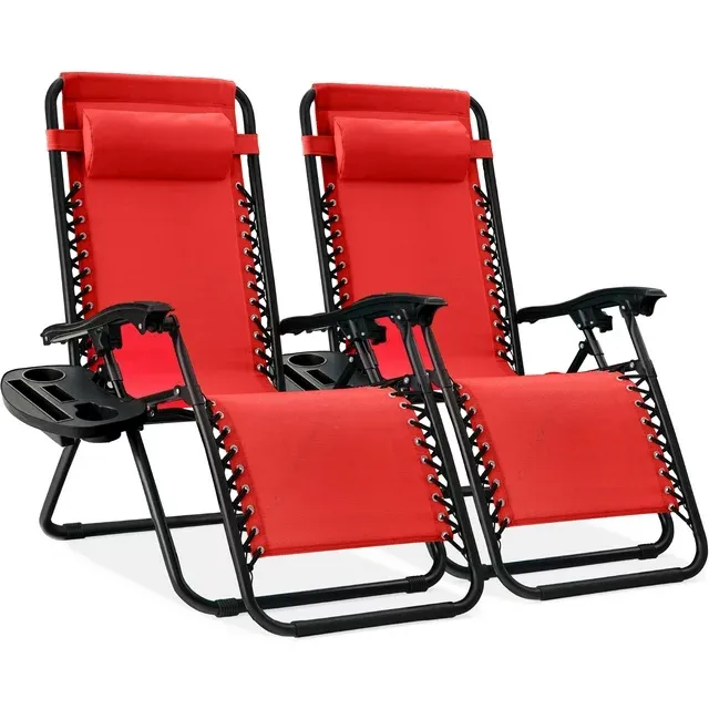 Best Choice Products Set of 2 Adjustable Steel Mesh Zero Gravity Lounge Chair Recliners w/Pillows and Cup Holder Trays, Crimson Red