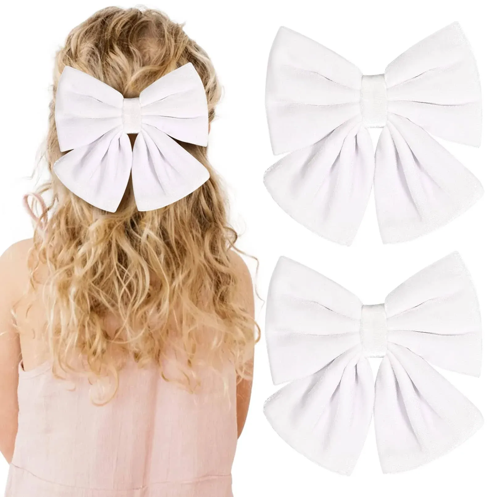 Velvet Hair Bows Girls 6&#034; 2PCS Big White Fall bow Alligator Clips for Toddler