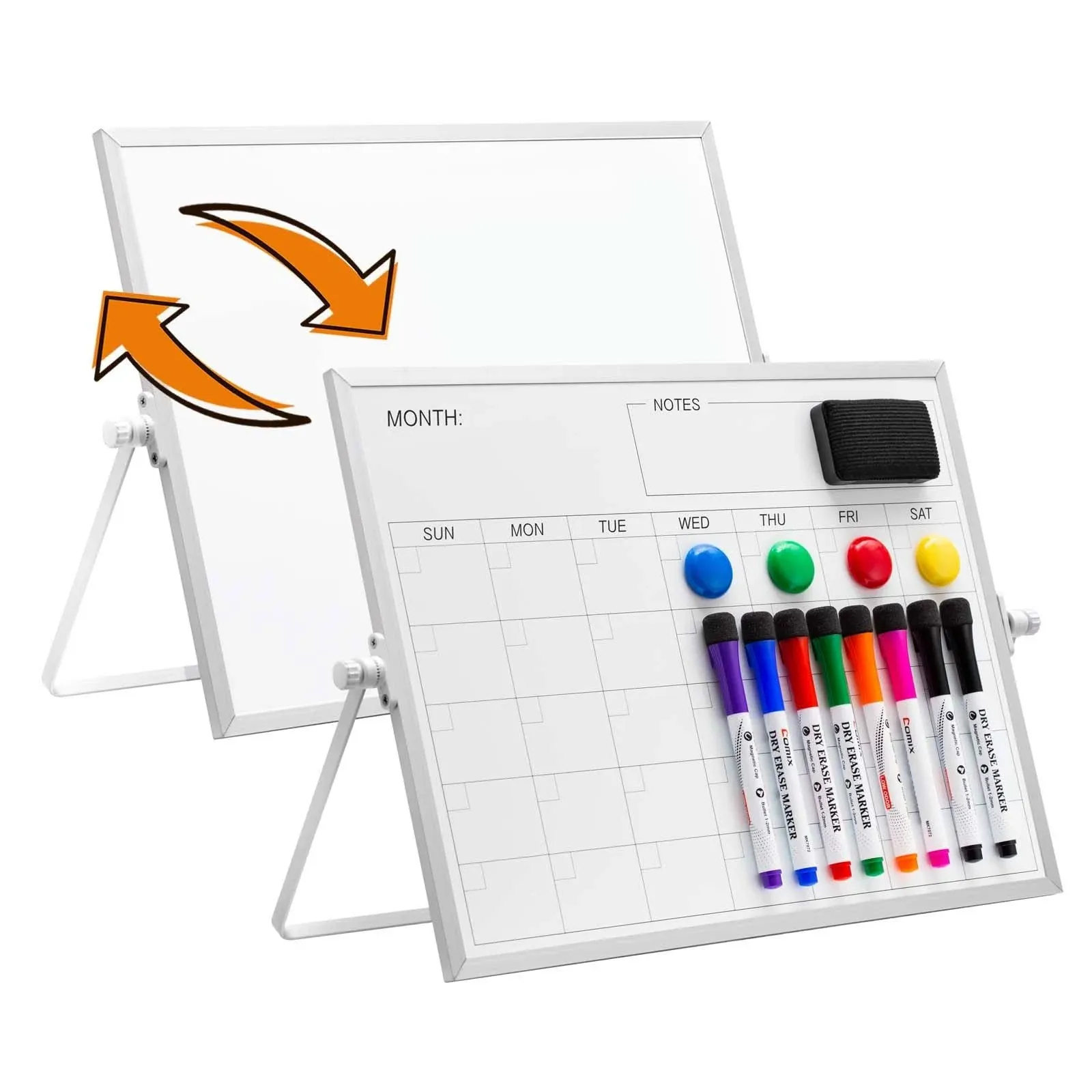 Comix Dry Erase Calendar & White Board, 16 x 12 Inches Double-Sided Magnetic Whiteboard with 8 Markers, 4 Magnets and 1 Eraser, Desktop Whiteboard Calendar with Stand for Home School to Do List