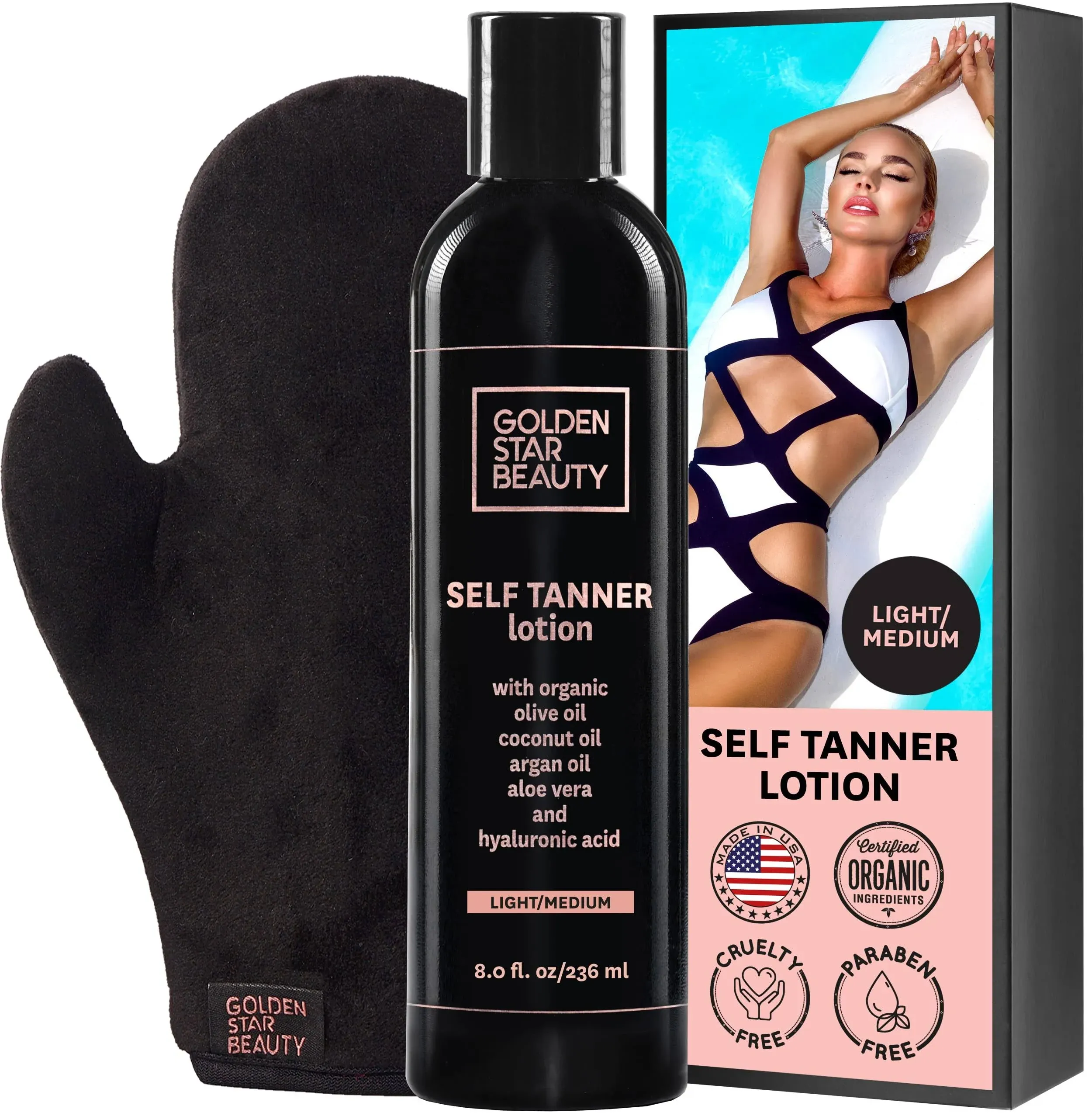 Self Tanner Lotion with Tanning Mitt - Sunless Tanning Lotion with Organic Oils 