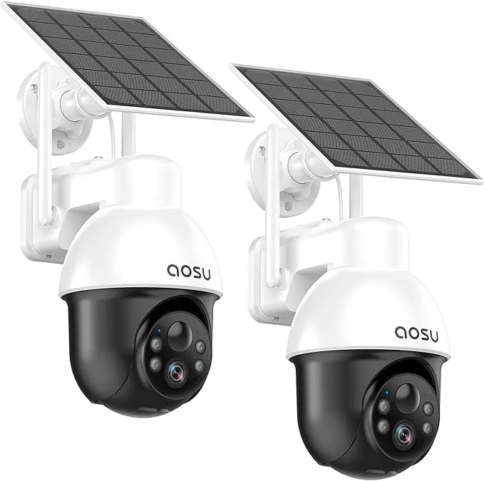 AOSU 3K/5MP Solar Security Cameras System Wireless Outdoor, Battery Powered WiFi Camera for Home Security, Panoramic PTZ, Auto Tracking, Human/Vehicle Detection, Color Night Vision (2 Pack)