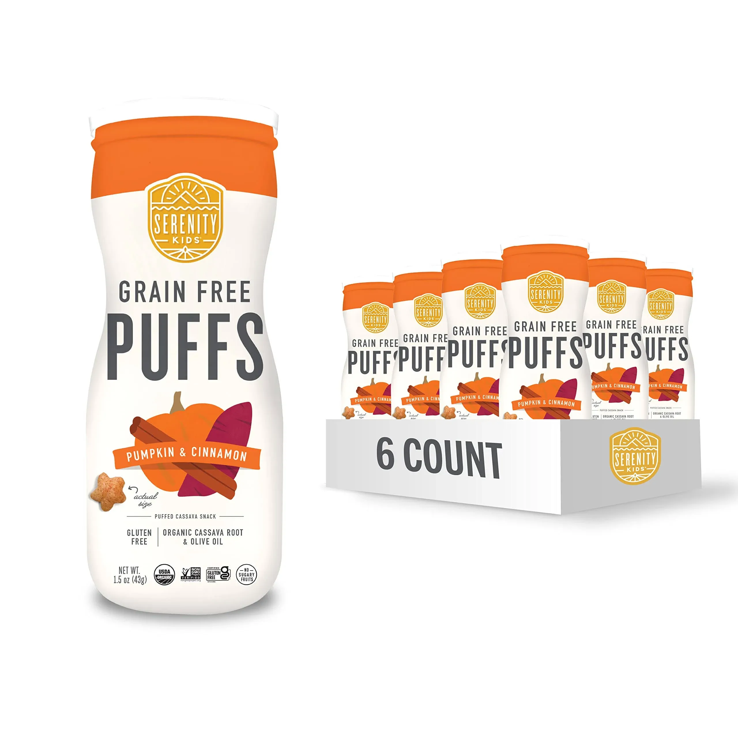 Serenity Kids 6+ Month Grain Free Puffs Toddler & Baby Snack - No Added Sugar, Gluten & Rice Free, BPA & Allergen Free - W/Org. Cassava, Veggies, & Herbs - Pumpkin & Cinnamon - 6 Count - Baby Puffs