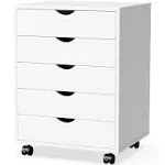 OLIXIS 5 Drawer Chest Wood File Cabinet Rolling Storage Dresser with Wheels for Home Office, Black