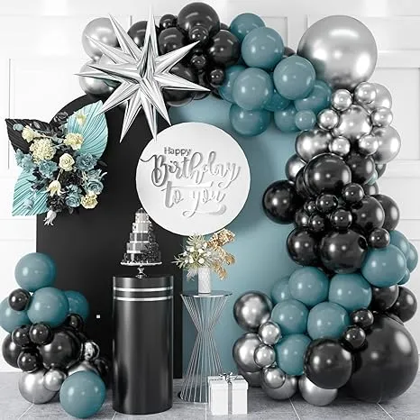 Teal Blue Black Silver Balloon Garland Arch Kit with Large Silver Star Foil Balloon Slate Sage Blue Latex Balloons Metallic Silver Black Graduation Anniversary New Year Party Decorations